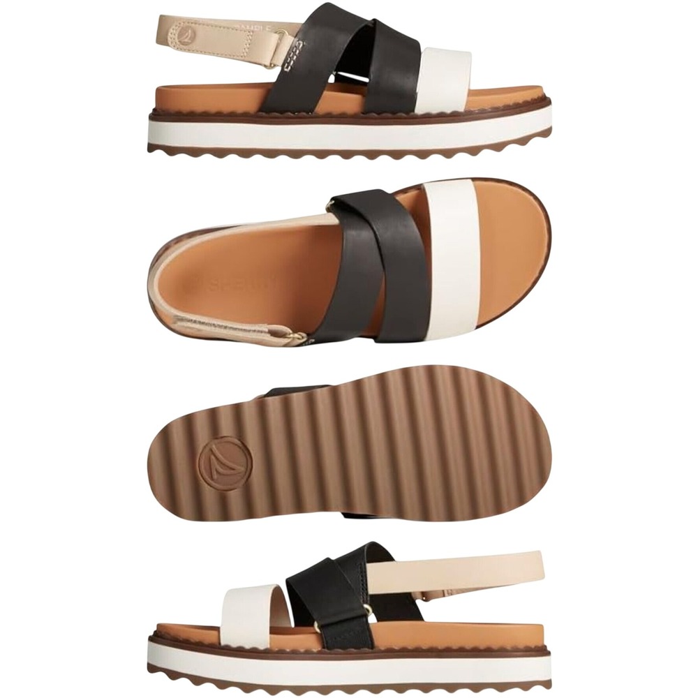 Sperry Cami Flatform Multi Leather Slingback Sandals Black White Tan STS89189 11
